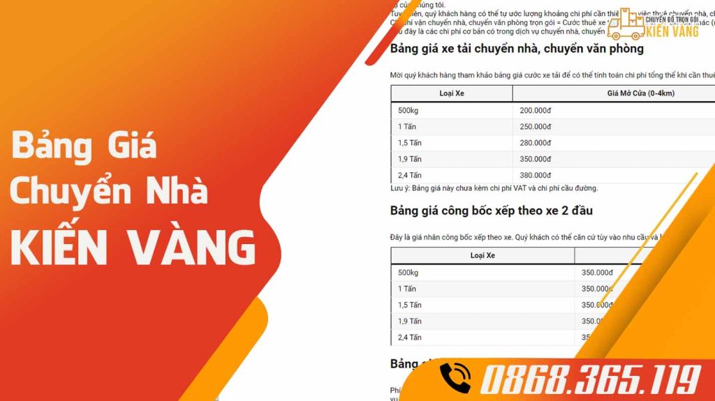 Bảng giá dịch vụ chuyển nhà Kiến Vàng